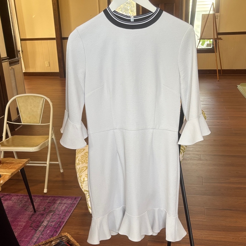 Rebecca Vallance Light Blue Dress with Black Trim and Ruffles
